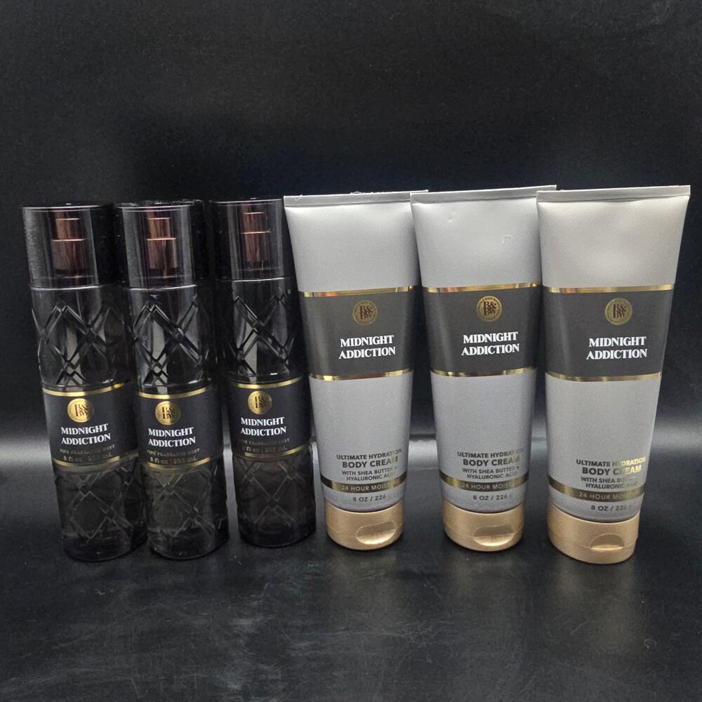 Midnight Addiction Bath and Body Works Mist Spray and Body Cream Lotion Set of 6